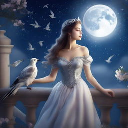 A beautiful woman who has transformed into a princess on a full moon night, gazing at the sky with birds flying above