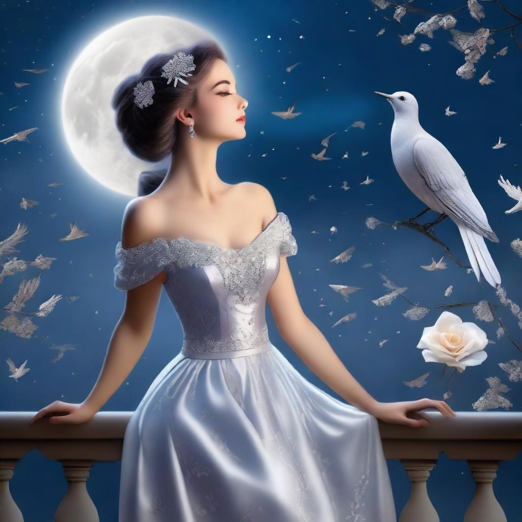 A beautiful woman dressed in princess attire stands on a balcony on a full moon night, gazing at the sky with birds flying above