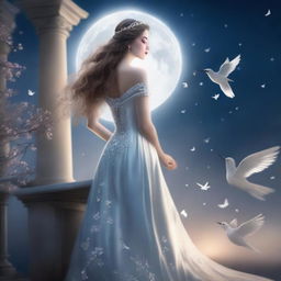 A beautiful woman dressed in princess attire stands on a balcony on a full moon night, gazing at the sky with birds flying above