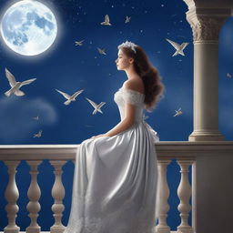 A beautiful woman dressed in princess attire stands on a balcony on a full moon night, gazing at the sky with birds flying above