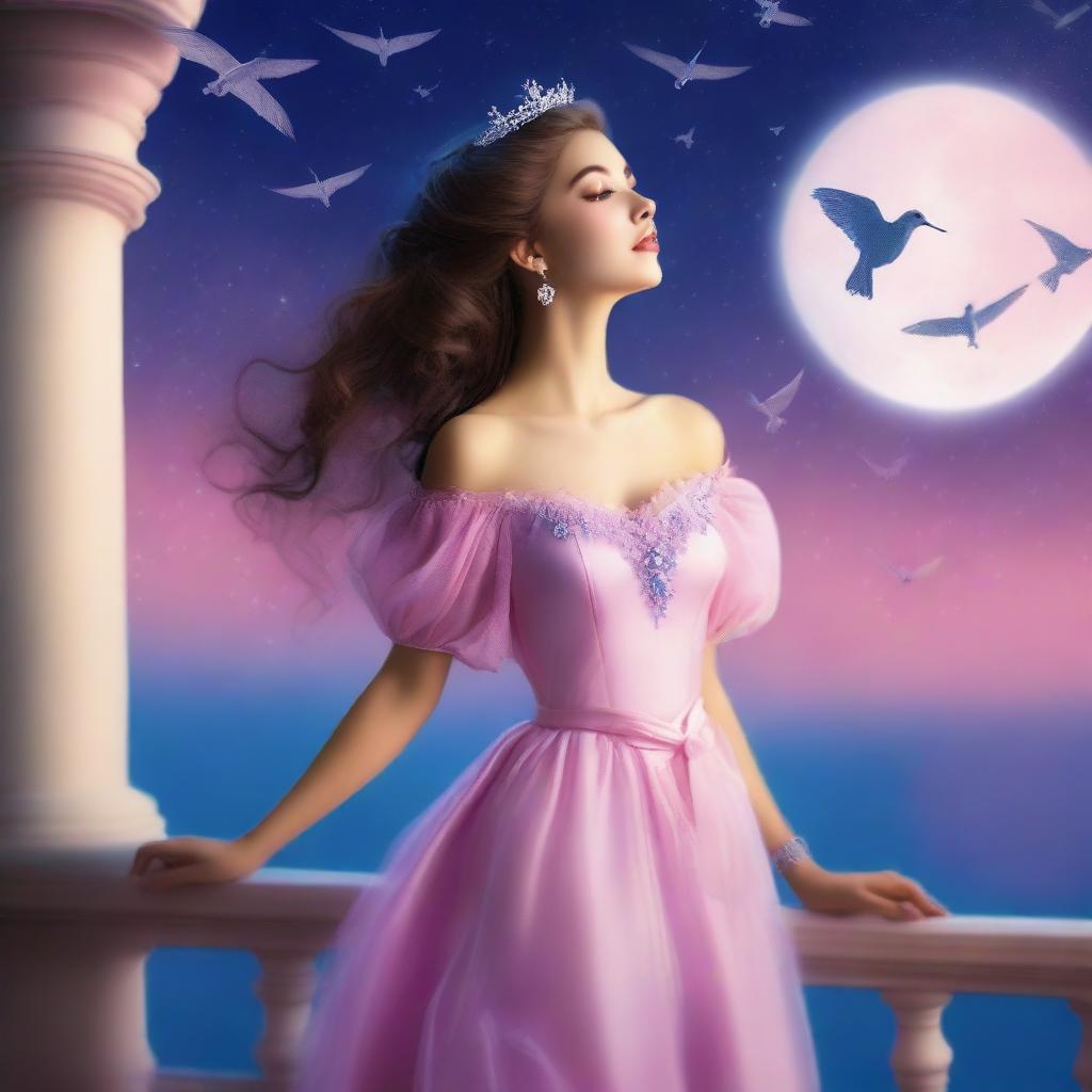 A beautiful woman dressed in princess attire stands on a balcony on a full moon night, gazing at the sky with birds flying above