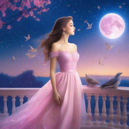 A beautiful woman dressed in princess attire stands on a balcony on a full moon night, gazing at the sky with birds flying above