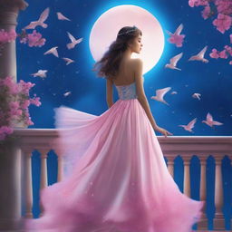 A beautiful woman dressed in princess attire stands on a balcony on a full moon night, gazing at the sky with birds flying above