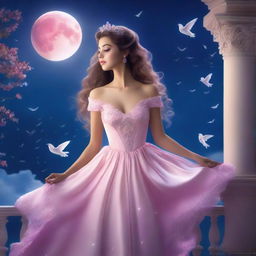 A beautiful woman dressed in princess attire stands on a balcony on a full moon night, gazing at the sky with birds flying above