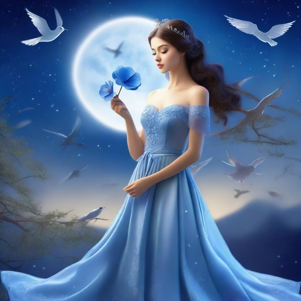 A beautiful woman dressed in princess attire stands under a full moon night, gazing at the sky with birds flying around