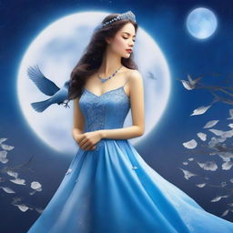 A beautiful woman dressed in princess attire stands under a full moon night, gazing at the sky with birds flying around