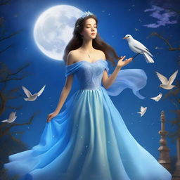 A beautiful woman dressed in princess attire stands under a full moon night, gazing at the sky with birds flying around