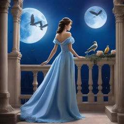 A beautiful woman dressed in princess attire stands on a balcony of a palace under a full moon night, gazing at the sky with birds flying above