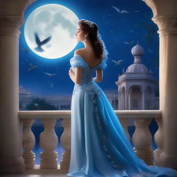 A beautiful woman dressed in princess attire stands on a balcony of a palace under a full moon night, gazing at the sky with birds flying above