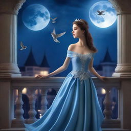 A beautiful woman dressed in princess attire stands on a balcony of a palace under a full moon night, gazing at the sky with birds flying above