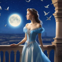 A beautiful woman dressed in princess attire stands on a balcony of a palace under a full moon night, gazing at the sky with birds flying above