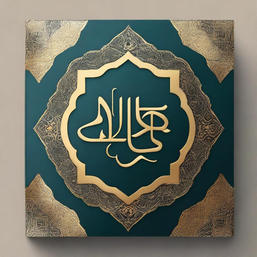 Create a book cover in Arabic style, featuring traditional Arabic calligraphy, intricate geometric patterns, and a rich color palette with gold accents