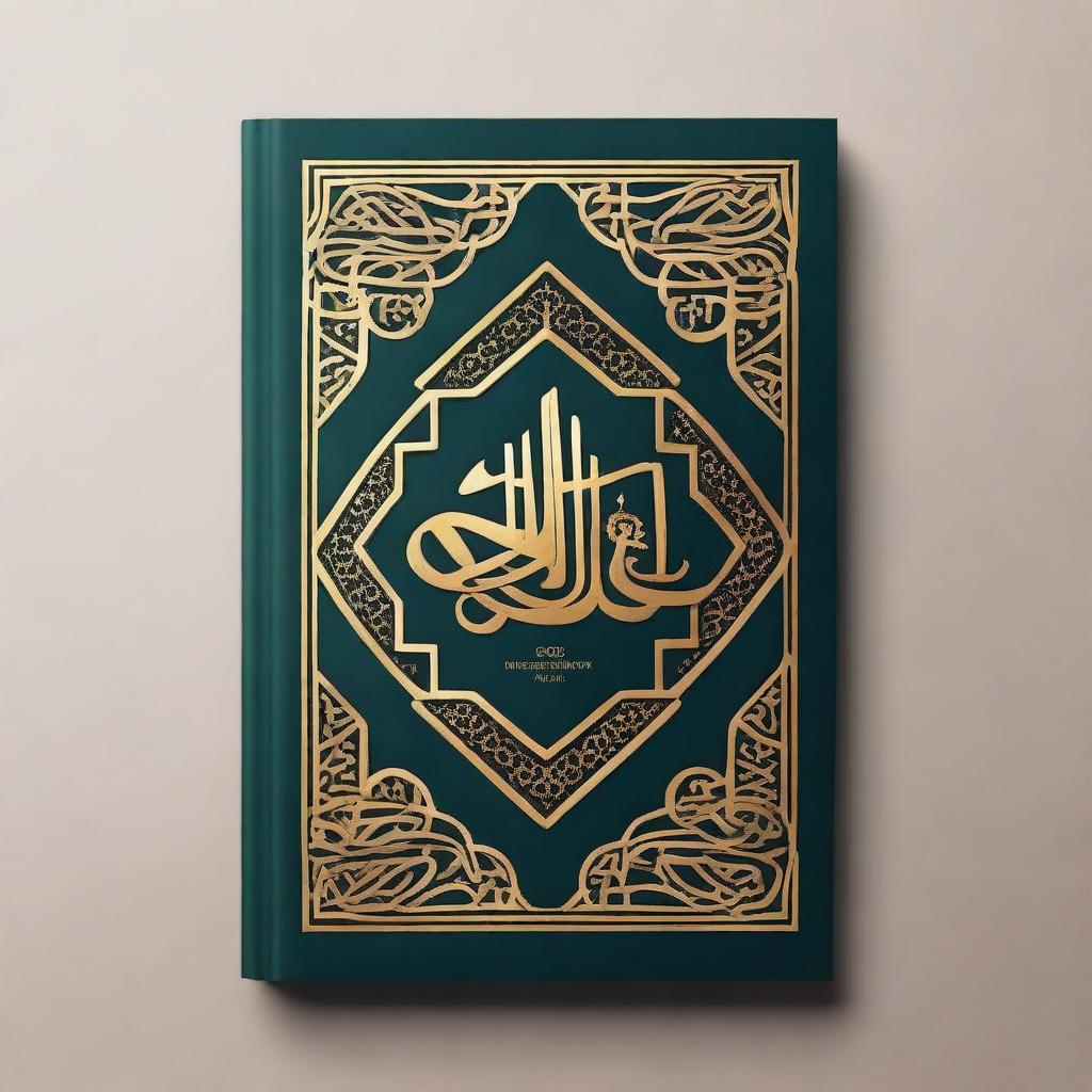 Create a book cover in Arabic style, featuring traditional Arabic calligraphy, intricate geometric patterns, and a rich color palette with gold accents