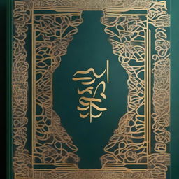 Create a book cover in Arabic style, featuring traditional Arabic calligraphy, intricate geometric patterns, and a rich color palette with gold accents