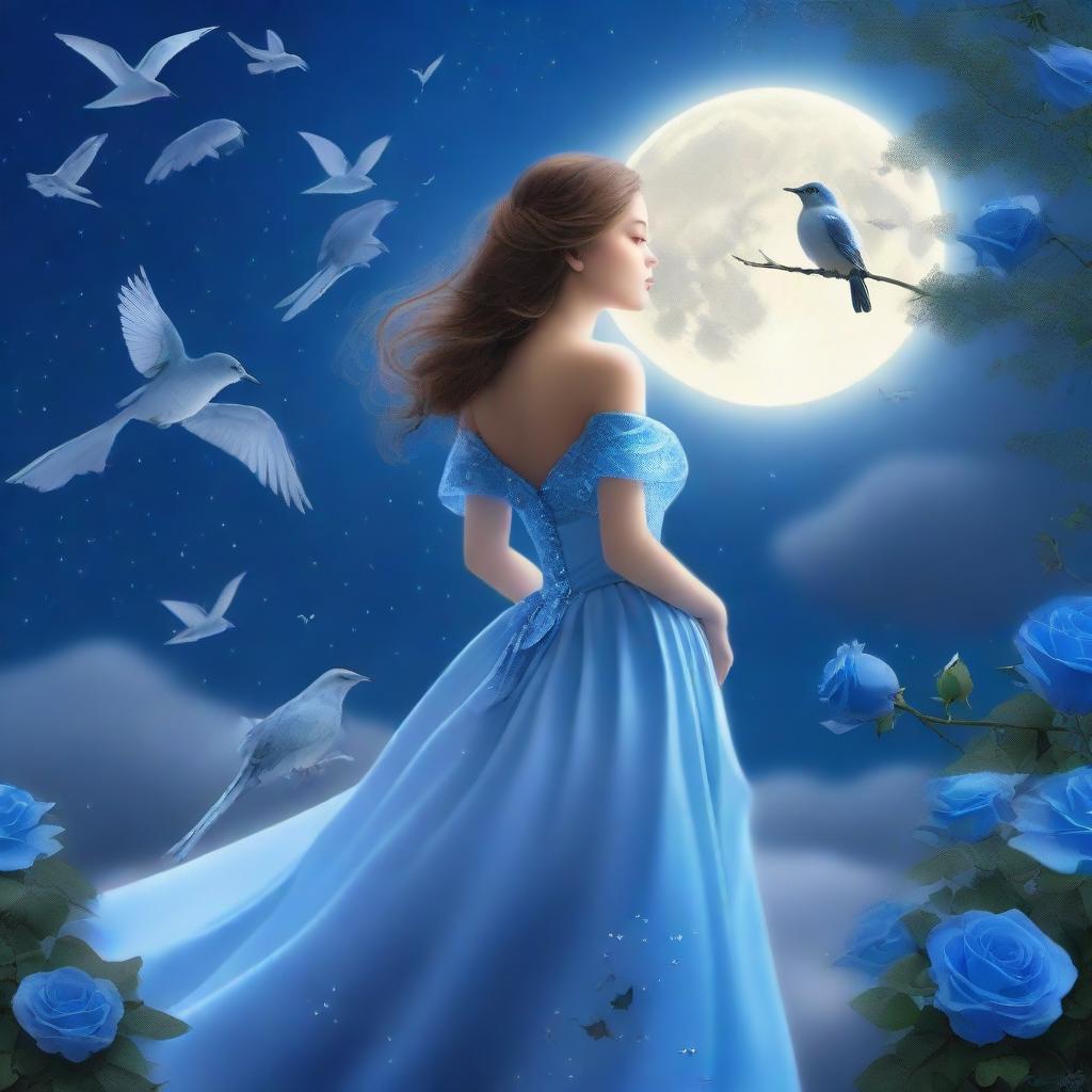 A beautiful woman dressed in princess attire stands beside a blue rose on a full moon night, gazing at the sky with birds flying above