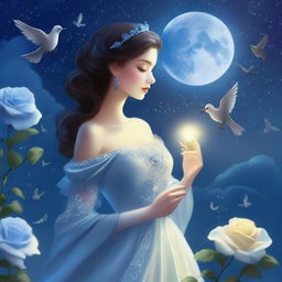 A beautiful woman dressed in princess attire stands beside a blue rose on a full moon night, gazing at the sky with birds flying above