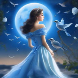 A beautiful woman dressed in princess attire stands beside a blue rose on a full moon night, gazing at the sky with birds flying above