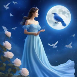 A beautiful woman dressed in princess attire stands beside a blue rose on a full moon night, gazing at the sky with birds flying above