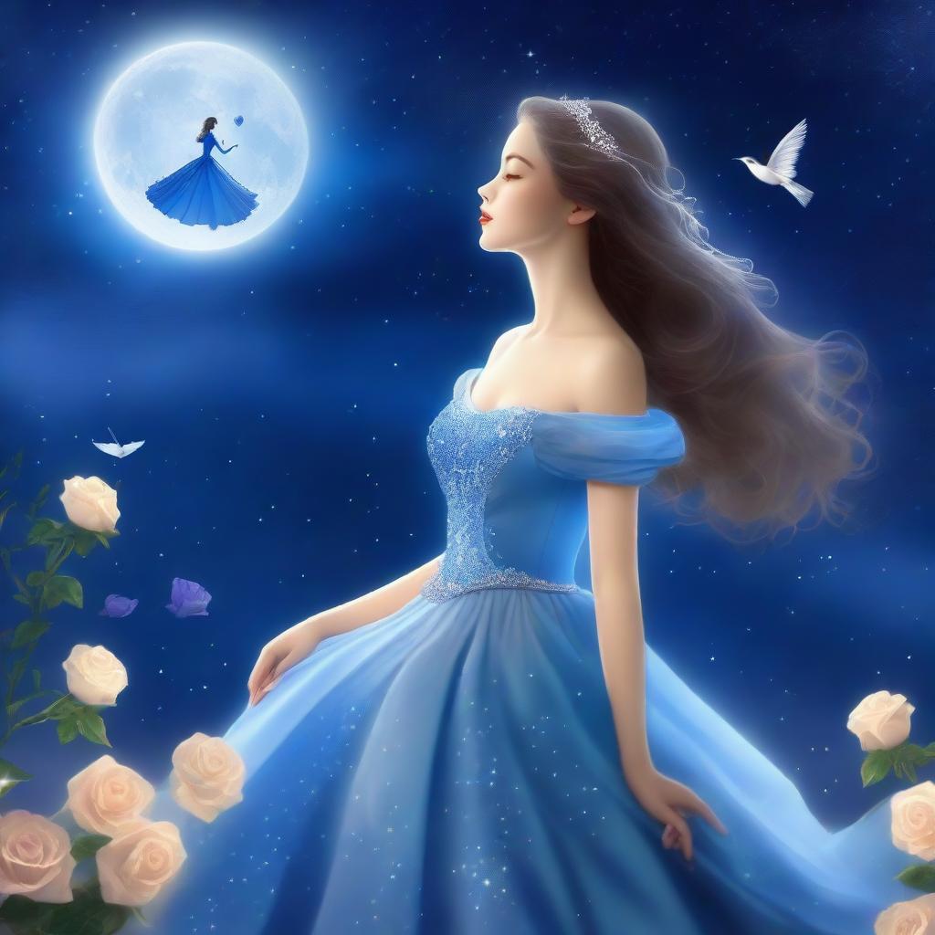 A beautiful woman dressed in princess attire stands beside a blue rose under a starry sky on a full moon night