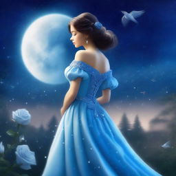 A beautiful woman dressed in princess attire stands beside a blue rose under a starry sky on a full moon night