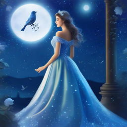 A beautiful woman dressed in princess attire stands beside a blue rose under a starry sky on a full moon night