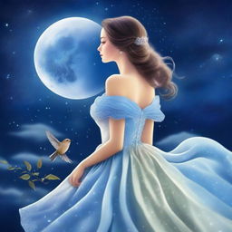 A beautiful woman dressed in princess attire stands beside a blue rose under a starry sky on a full moon night