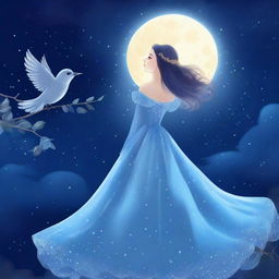 A princess stands beside a blue rose under a starry sky on a full moon night