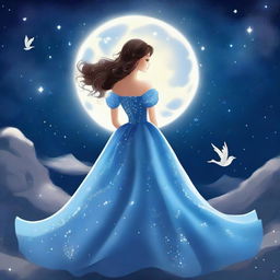 A princess stands beside a blue rose under a starry sky on a full moon night