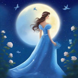 A princess stands beside a blue rose under a starry sky on a full moon night