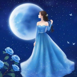 A princess stands beside a blue rose under a starry sky on a full moon night