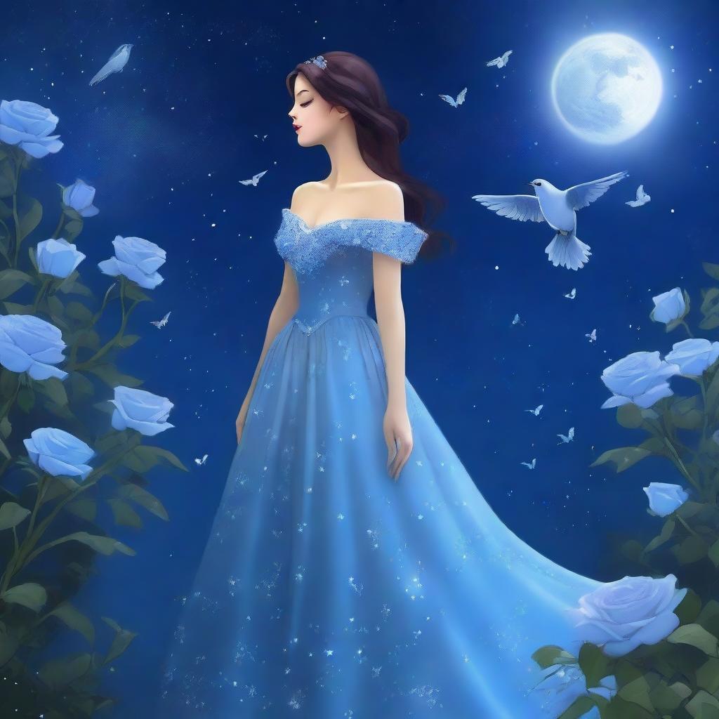 A woman dressed in princess attire stands beside several blue roses under a starry sky on a full moon night