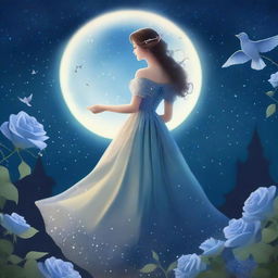 A woman dressed in princess attire stands beside several blue roses under a starry sky on a full moon night