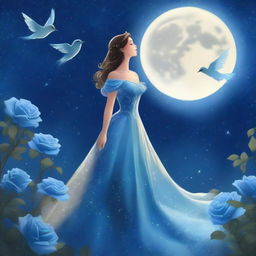 A woman dressed in princess attire stands beside several blue roses under a starry sky on a full moon night