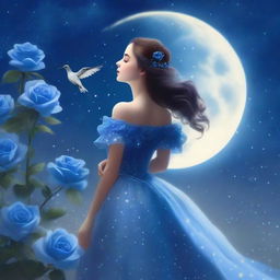 A woman dressed in princess attire stands beside several blue roses under a starry sky on a full moon night