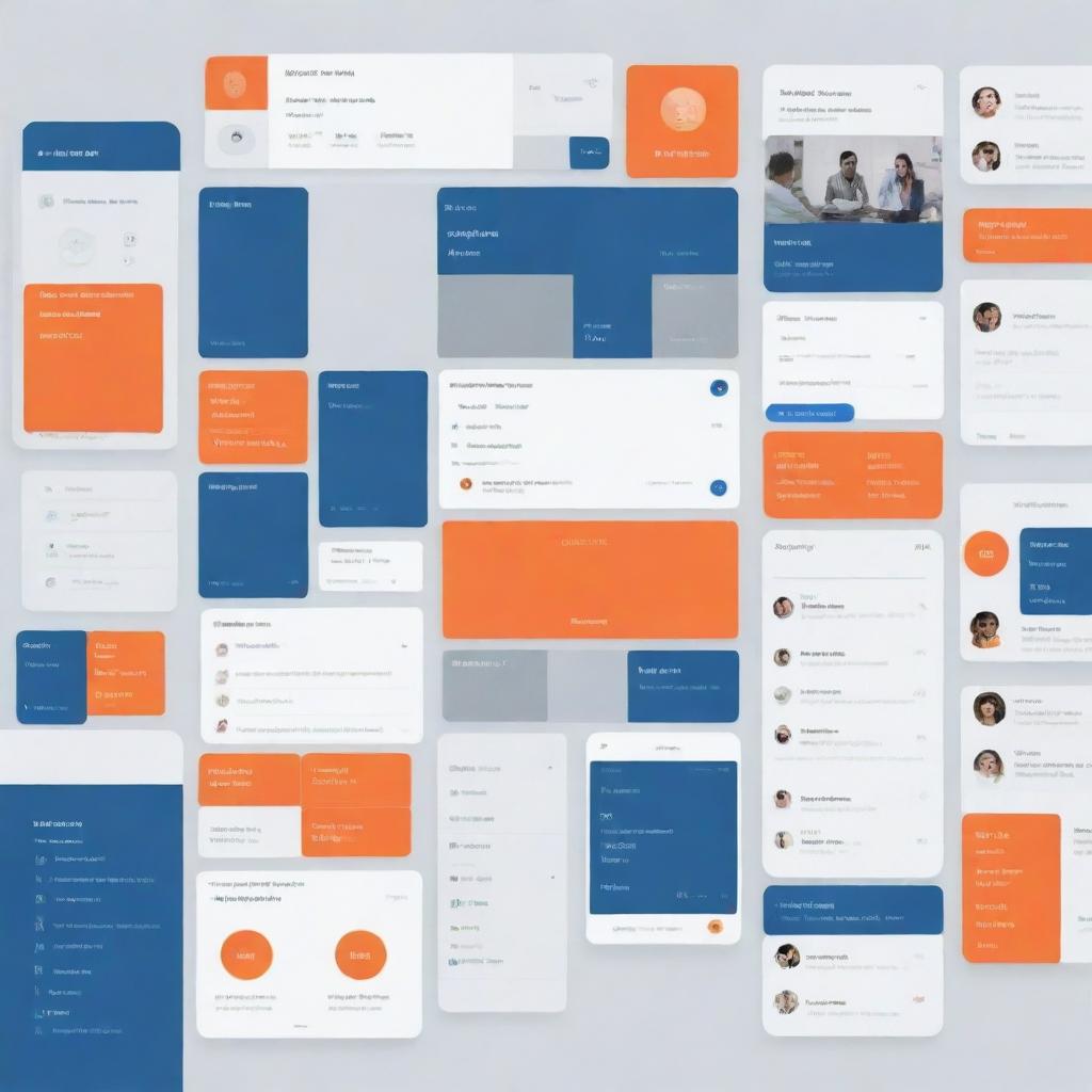 Create a professional moodboard for a corporate group chat website, incorporating a color scheme of various blue shades, grey, orange, and white. Include sleek interface designs, corporate icons, and fitting typography.