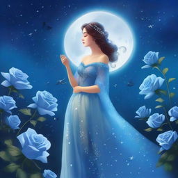 A woman dressed in princess attire stands beside several blue roses under a starry sky with a large, bright full moon