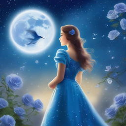 A woman dressed in princess attire stands beside several blue roses under a starry sky with a large, bright full moon