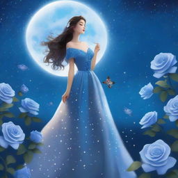 A woman dressed in princess attire stands beside several blue roses under a starry sky with a large, bright full moon