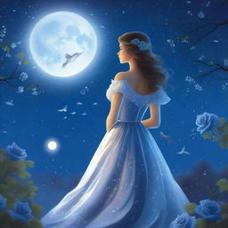 A woman dressed in princess attire stands beside several blue roses under a starry sky with a large, bright full moon