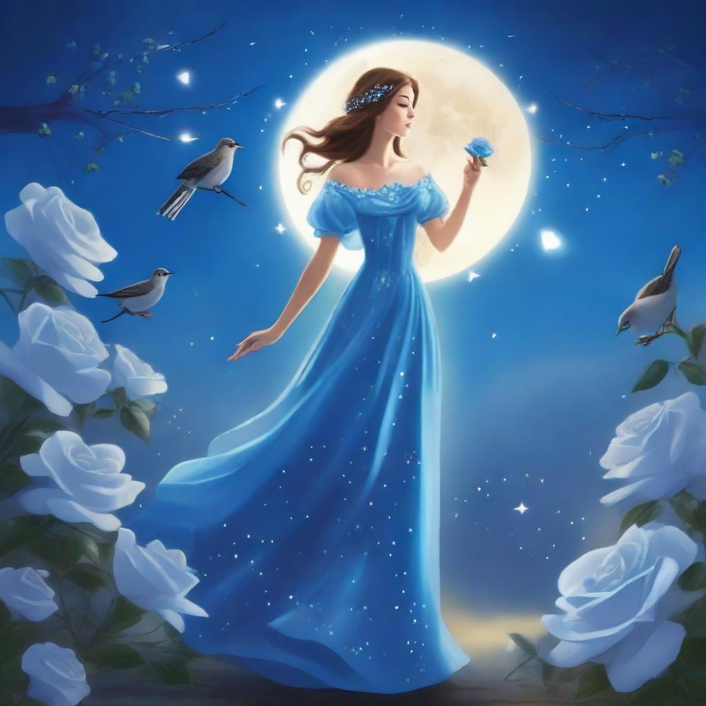 A woman dressed in princess attire stands beside several blue roses under a sky filled with many stars and a large, bright full moon