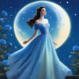 A woman dressed in princess attire stands beside several blue roses under a sky filled with many stars and a large, bright full moon