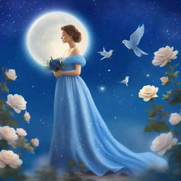 A woman dressed in princess attire stands beside several blue roses under a sky filled with many stars and a large, bright full moon