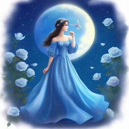 A woman dressed in princess attire stands beside several blue roses under a sky filled with many stars and a large, bright full moon