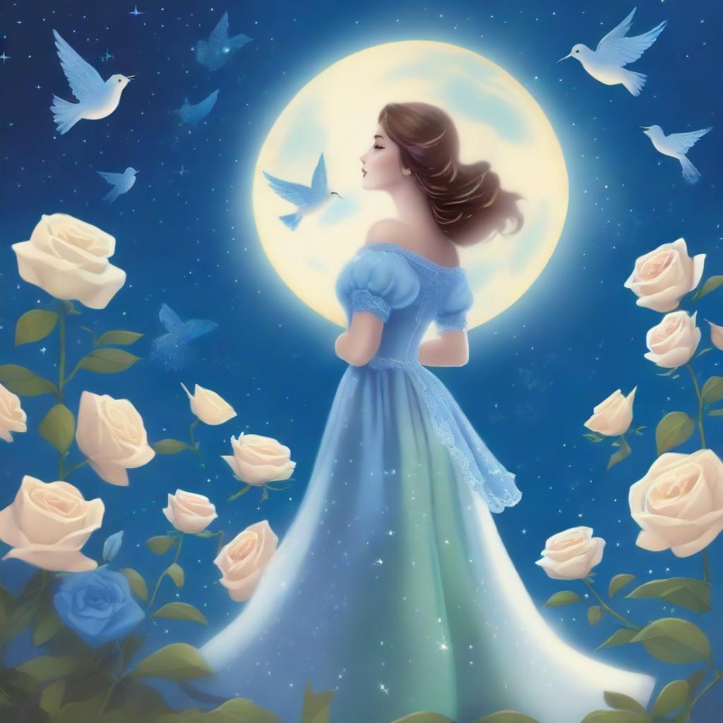 A woman dressed in princess attire stands beside several blue roses under a sky filled with many stars and a large, bright full moon