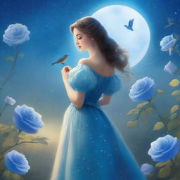 A woman dressed in princess attire stands beside several blue roses under a sky filled with many stars and a large, bright full moon