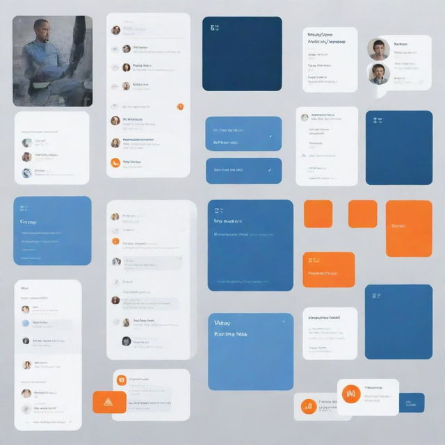 Create a professional moodboard for a corporate group chat website, incorporating a color scheme of various blue shades, grey, orange, and white. Include sleek interface designs, corporate icons, and fitting typography.