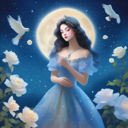 A woman dressed in princess attire stands beside several blue roses under a sky filled with many stars and a large, bright full moon