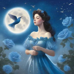 A woman dressed in princess attire stands beside several blue roses under a sky filled with many stars and a large, bright full moon