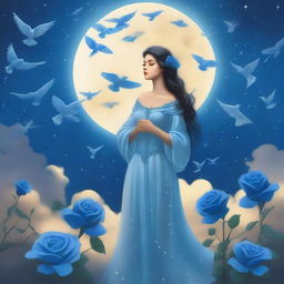 A woman dressed in princess attire stands beside several blue roses under a sky filled with many stars and a large, bright full moon