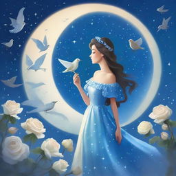 A woman dressed in princess attire stands beside several blue roses under a sky filled with many stars and a large, bright full moon